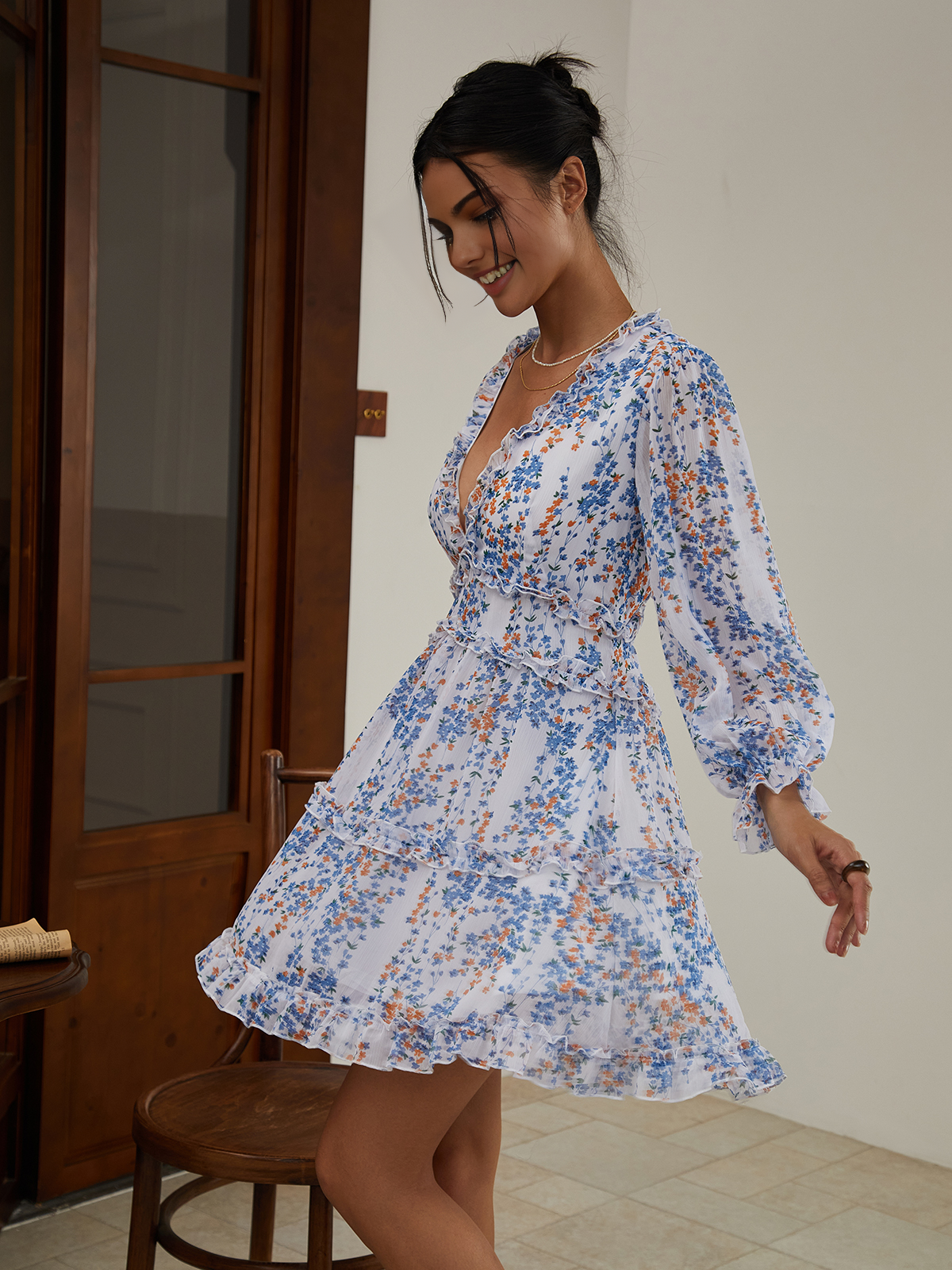 Multi Çiçekli Marul Detaylı Kısa Elbise Shine Aura