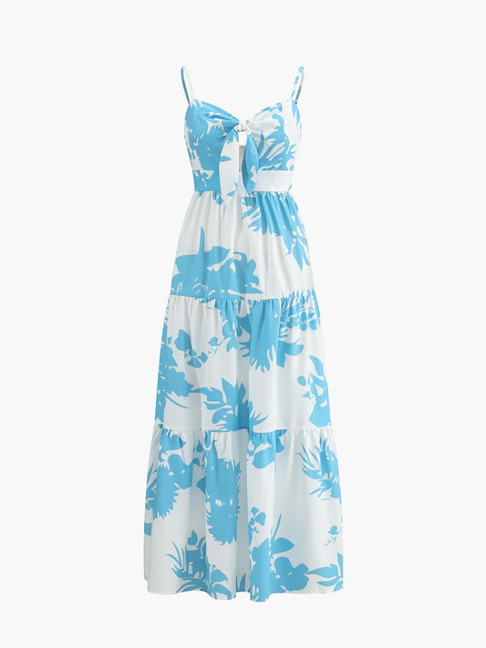 Askılı Çiçek Desenli Düğümlü Dökümlü Uzun Sundress Shine Aura