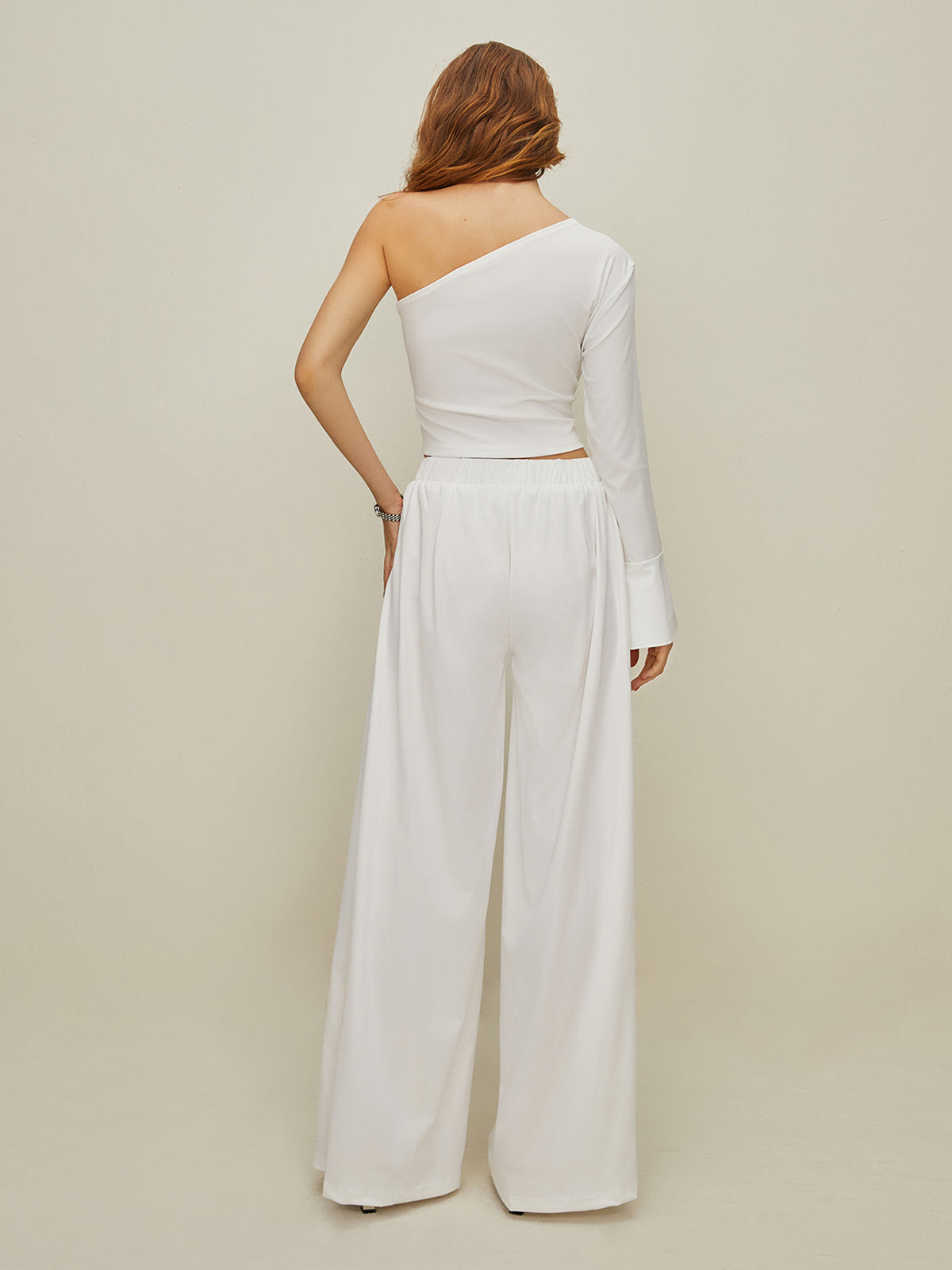 One Shoulder Buttoned Top and Wide Leg Trouser Set