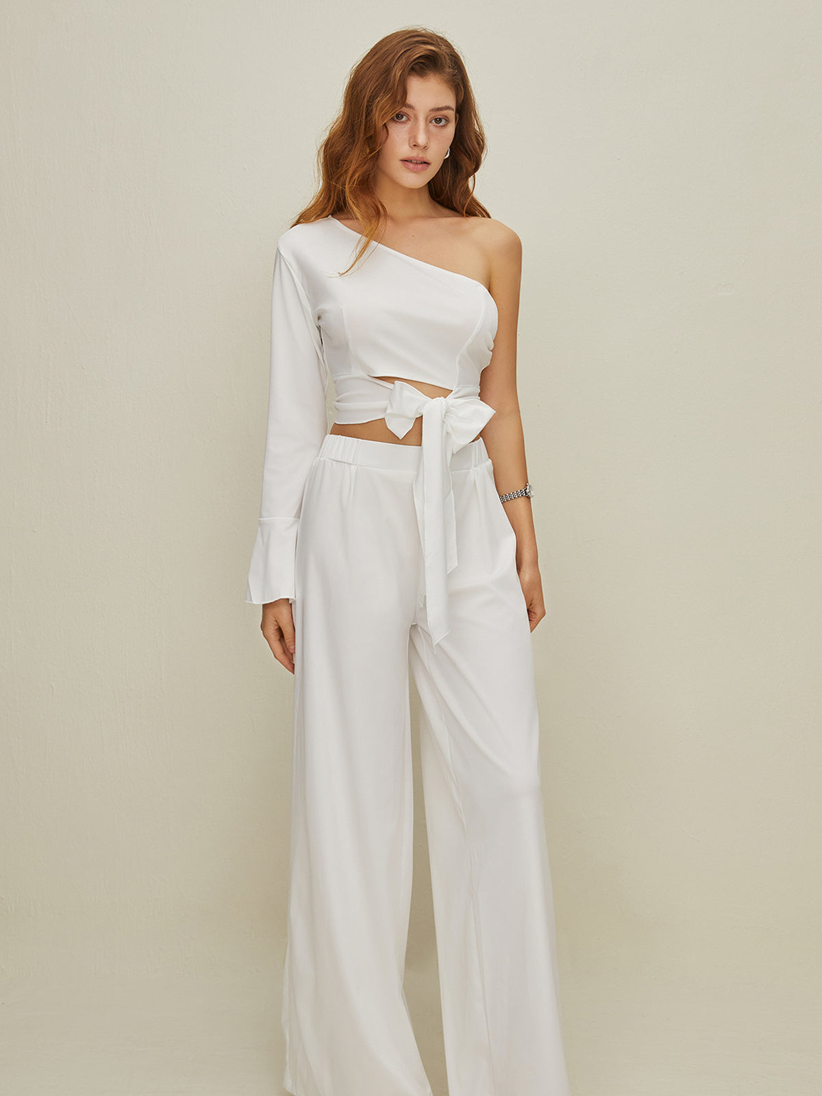 One Shoulder Buttoned Top and Wide Leg Trouser Set