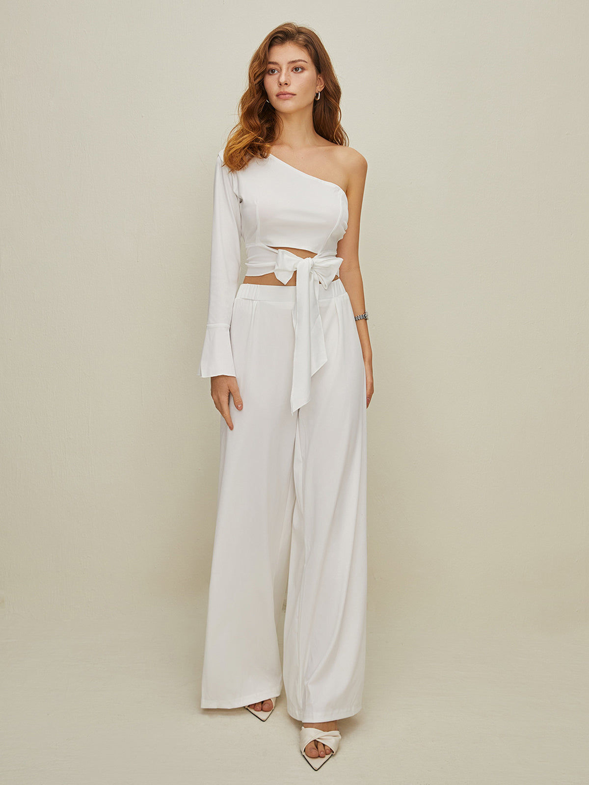 One Shoulder Buttoned Top and Wide Leg Trouser Set