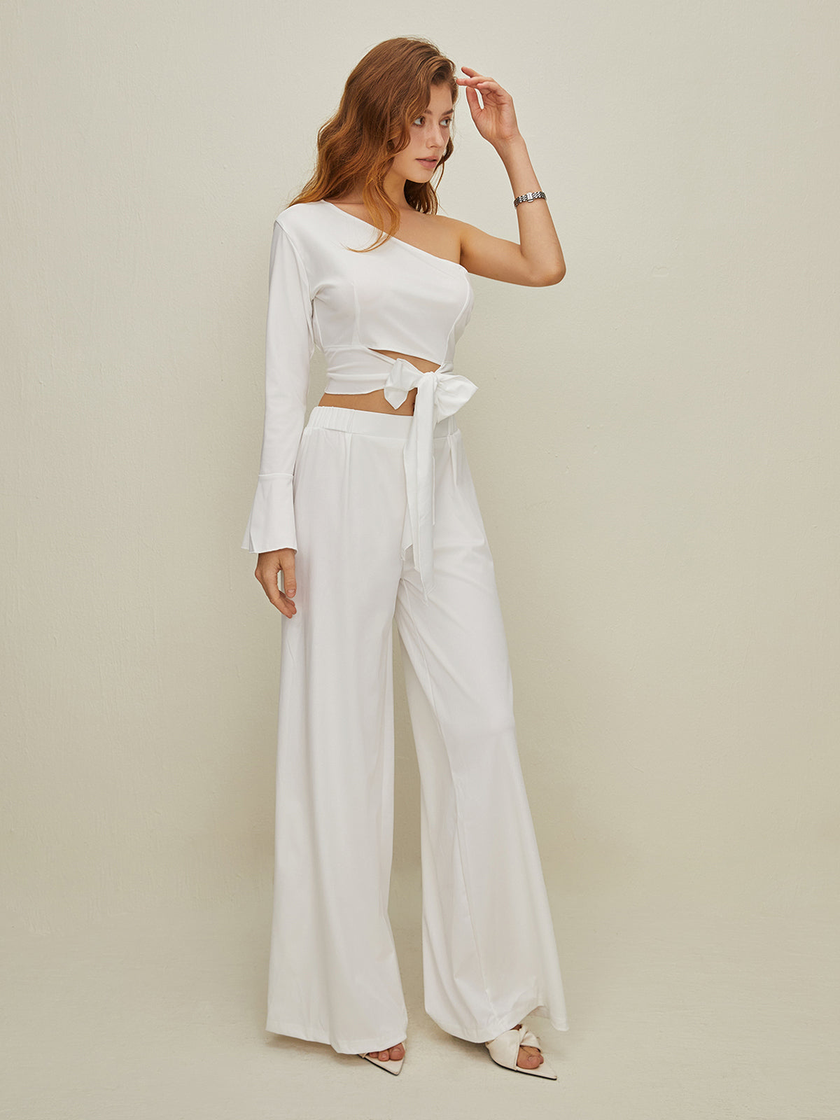 One Shoulder Buttoned Top and Wide Leg Trouser Set