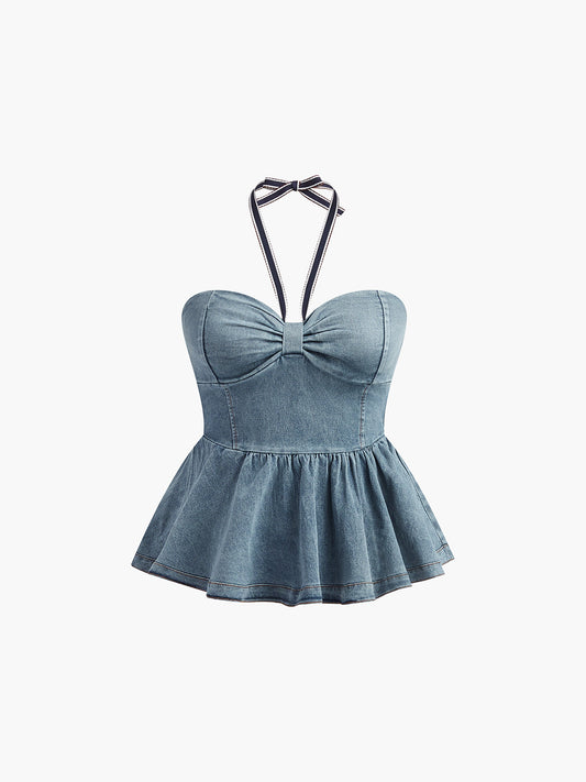 Denim Halter Pileli Atlet Shine Aura