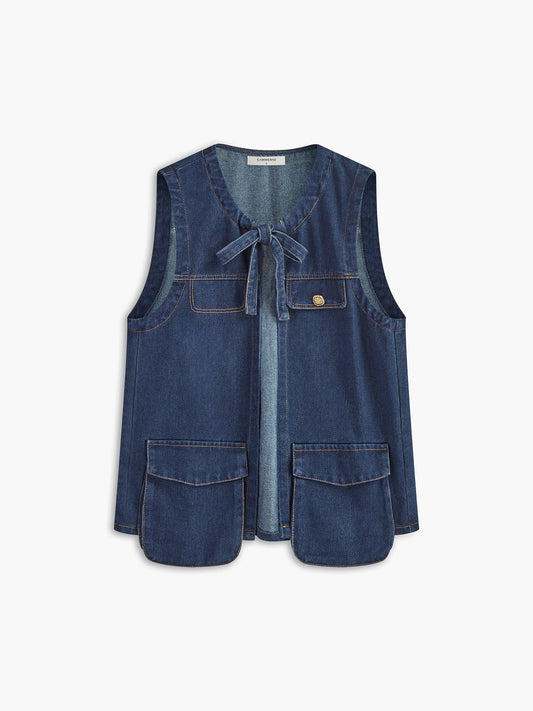 Denim Tie-Front Tank Top Shine Aura