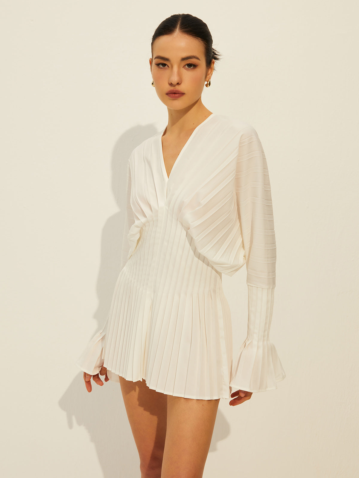Pleated V-Neck Long Sleeve Dress Shine Aura