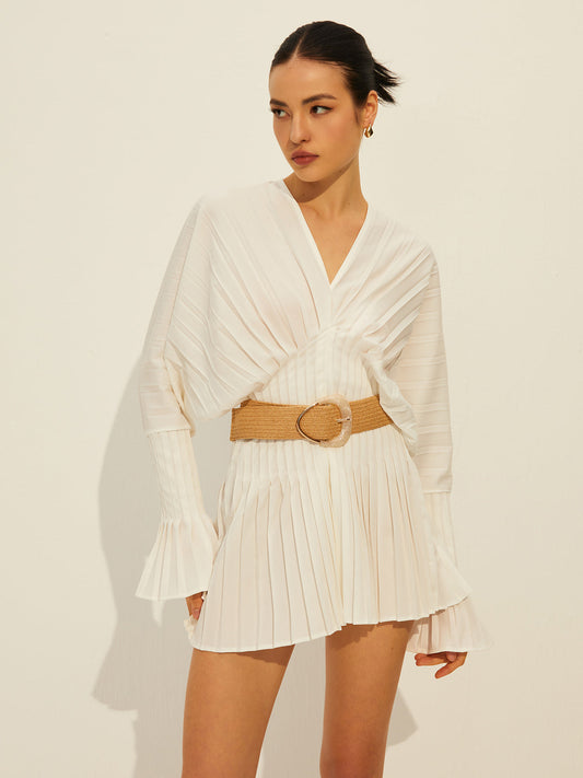 Pleated V-Neck Long Sleeve Dress Shine Aura