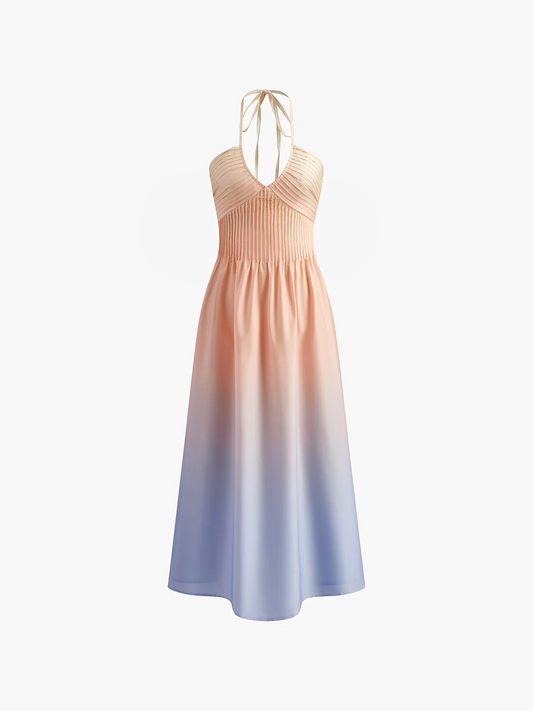 Pileli V Yaka Degrade Halter Elbise Shine Aura