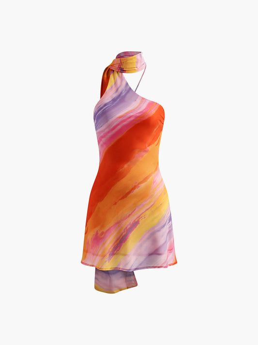 Halter Sırt Dekolteli Batik Kısa Elbise Shine Aura
