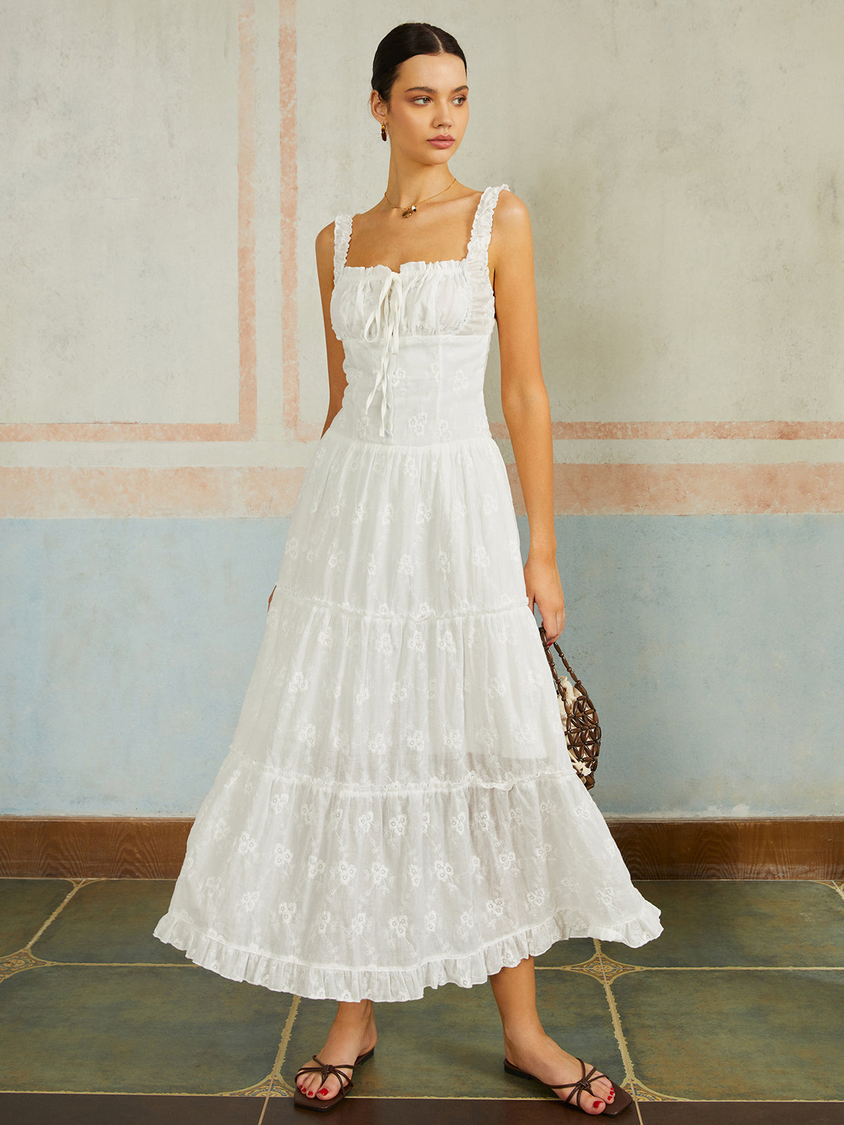 Fırfırlı Etek Kolsuz İşlemeli Uzun Elbise Shine Aura