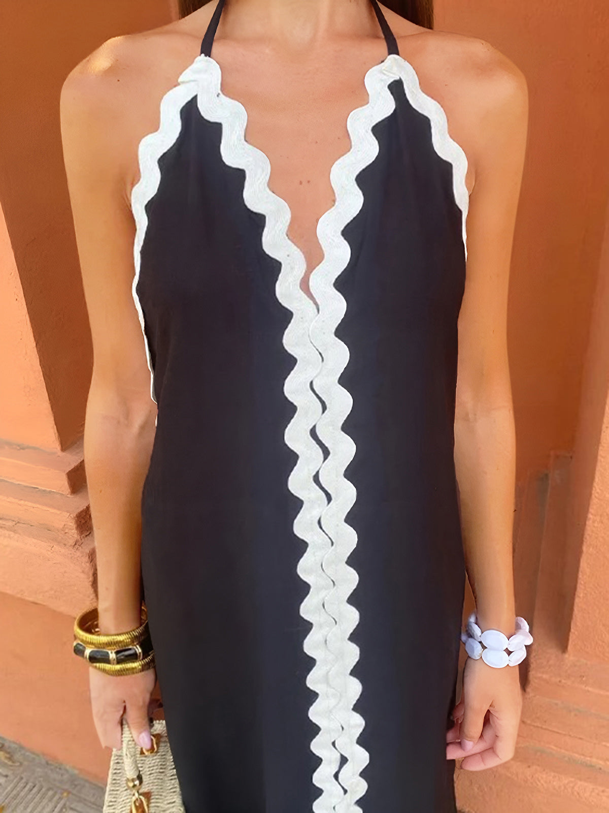 Zig Zag Kenarlı Halter Midi Elbise Shine Aura