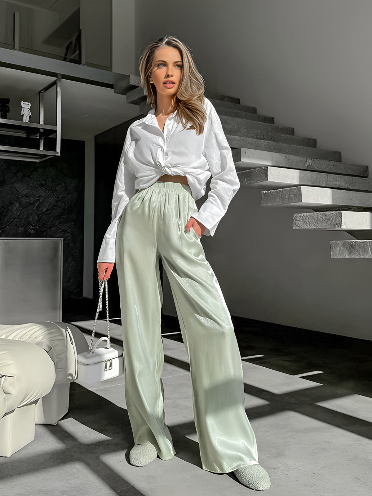 Esnek Bel Geniş Paça Pantolon Shine Aura