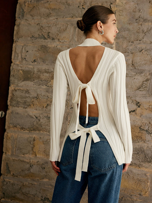 Tie Open Back Knit Top Shine Aura