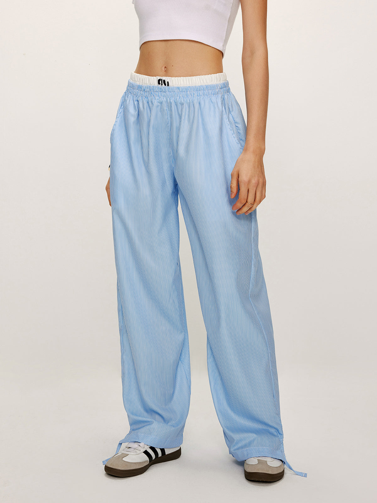 Patchwork Pinstripe Wide-Leg Pants Shine Aura