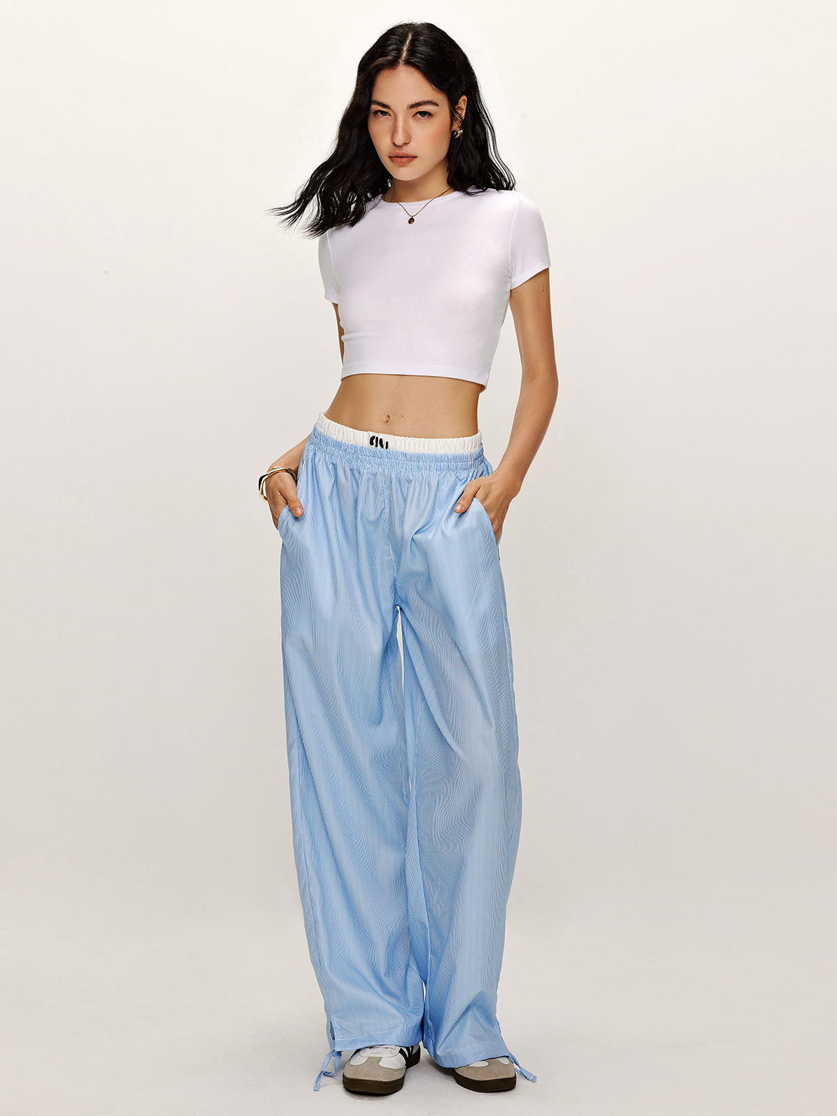 Patchwork Pinstripe Wide-Leg Pants Shine Aura