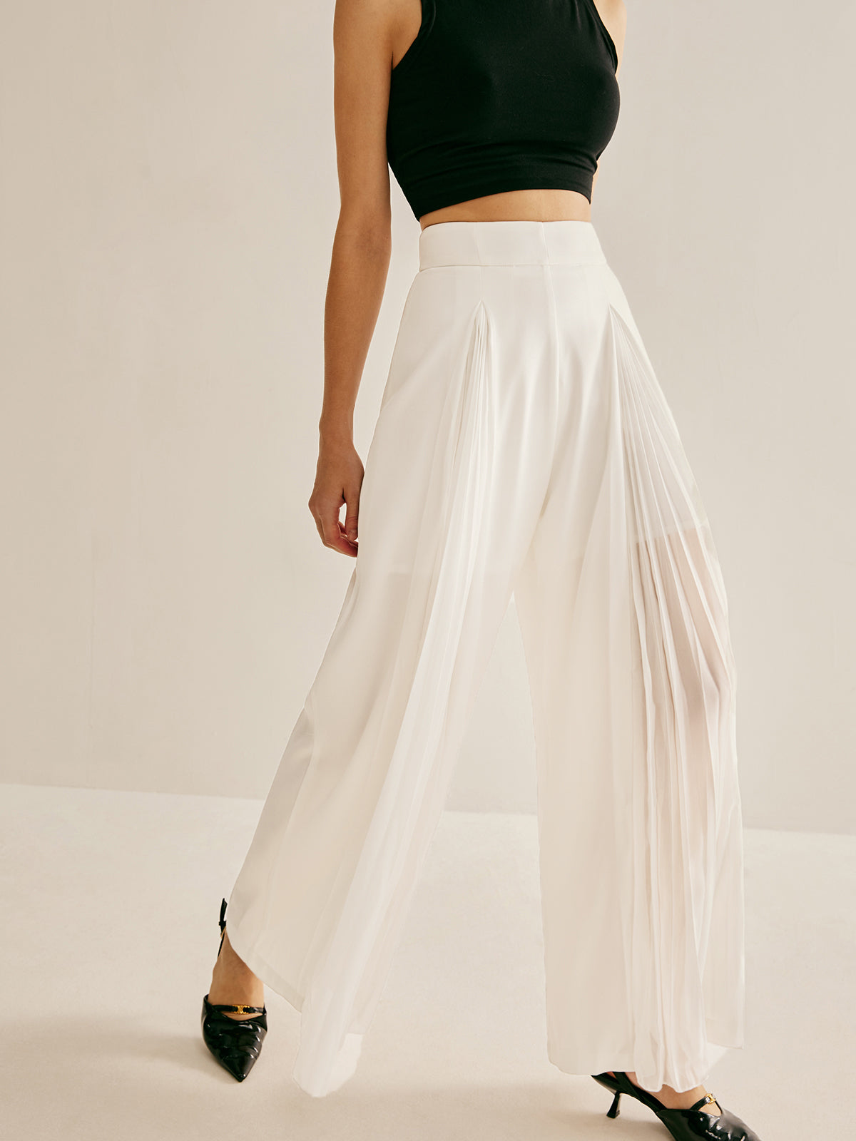 Pleated Zipper Semi-Sheer Pants Shine Aura