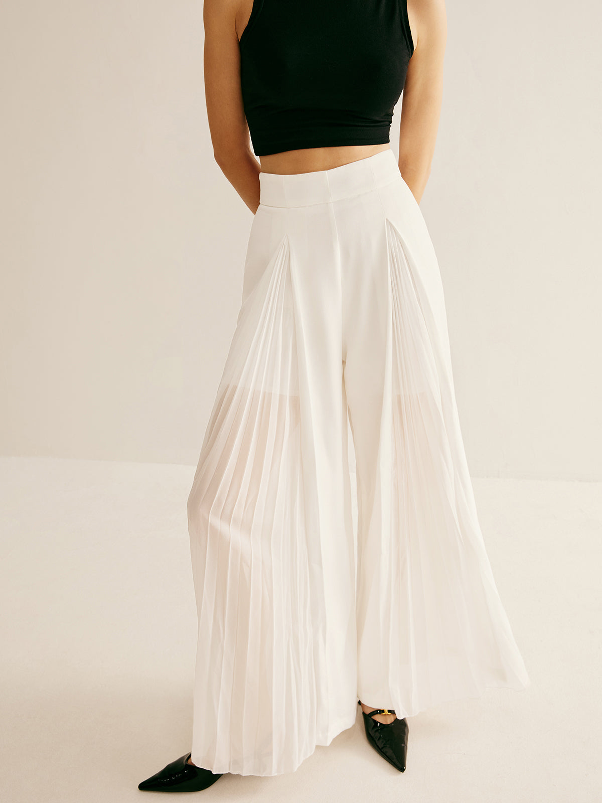 Pleated Zipper Semi-Sheer Pants Shine Aura