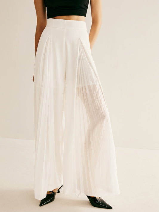 Pleated Zipper Semi-Sheer Pants Shine Aura
