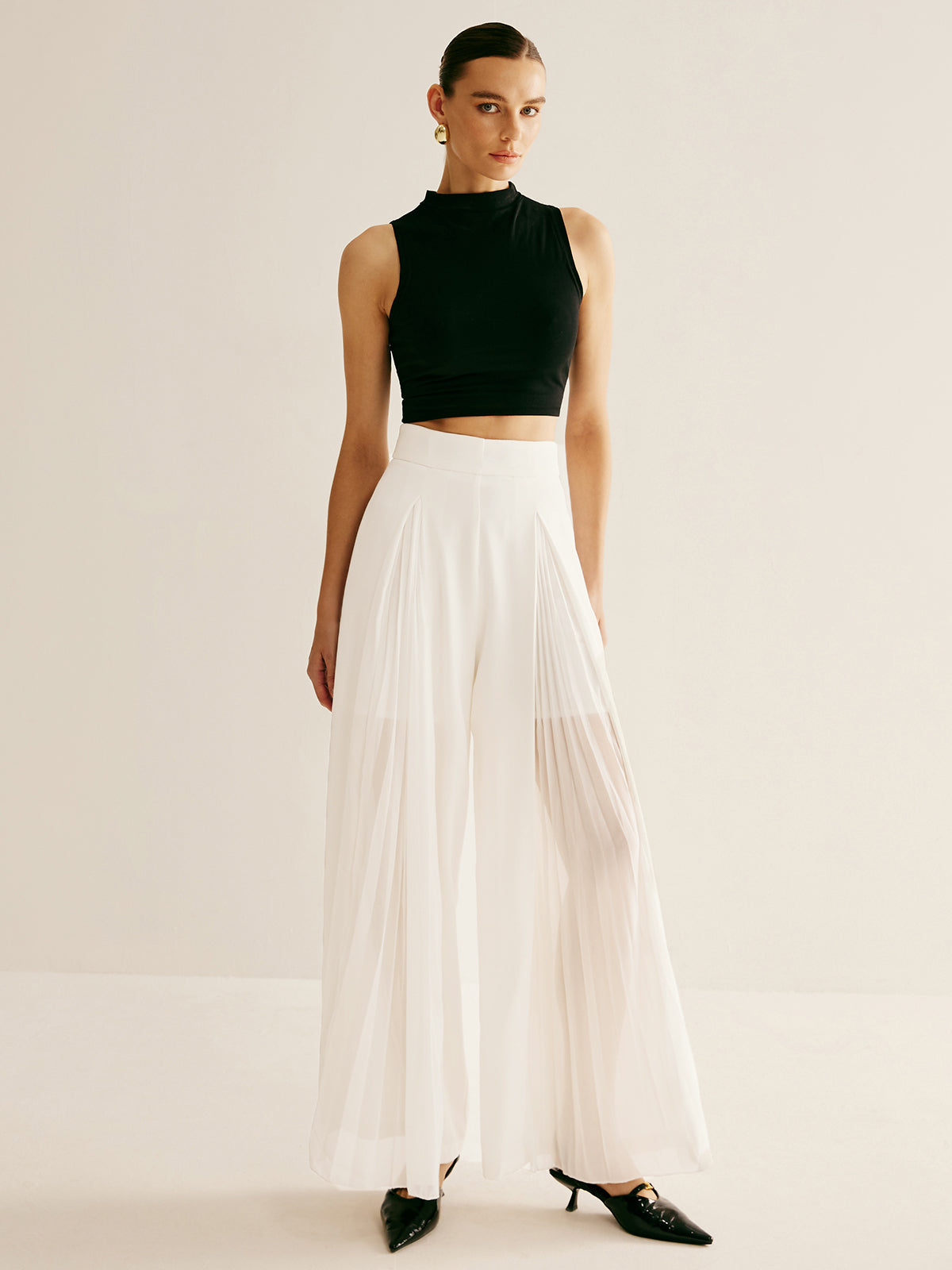 Pleated Zipper Semi-Sheer Pants Shine Aura