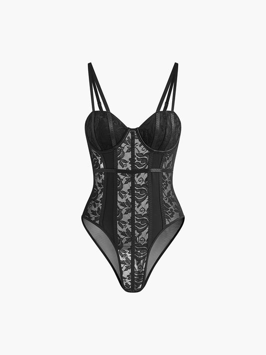 Dantel Şeffaf Kalp Yaka Korsaj Bodysuit Shine Aura
