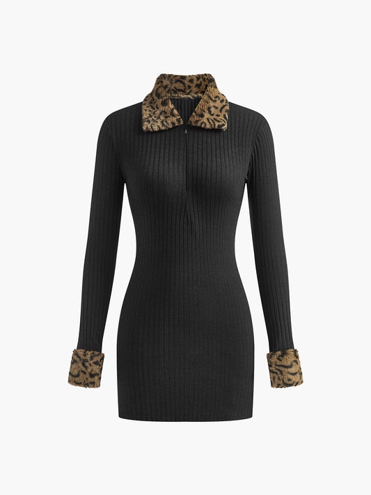 Leopard trim Ribbed Short Dress Shine Aura