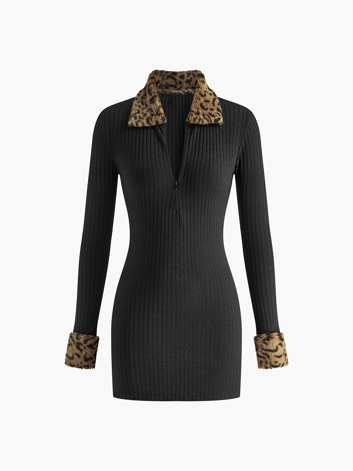 Leopard trim Ribbed Short Dress Shine Aura