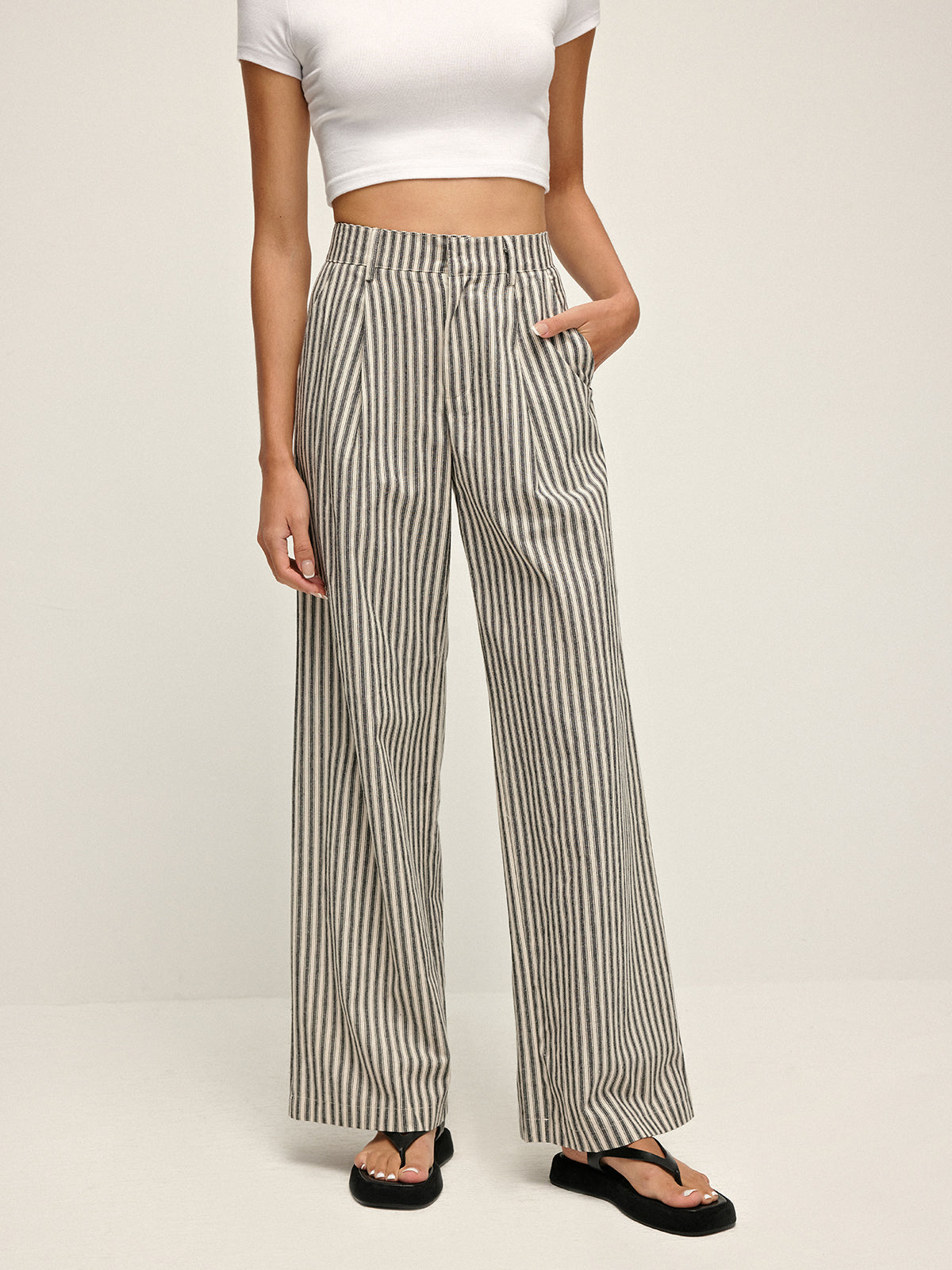 Pinstripe High-Waist Long Pants Shine Aura