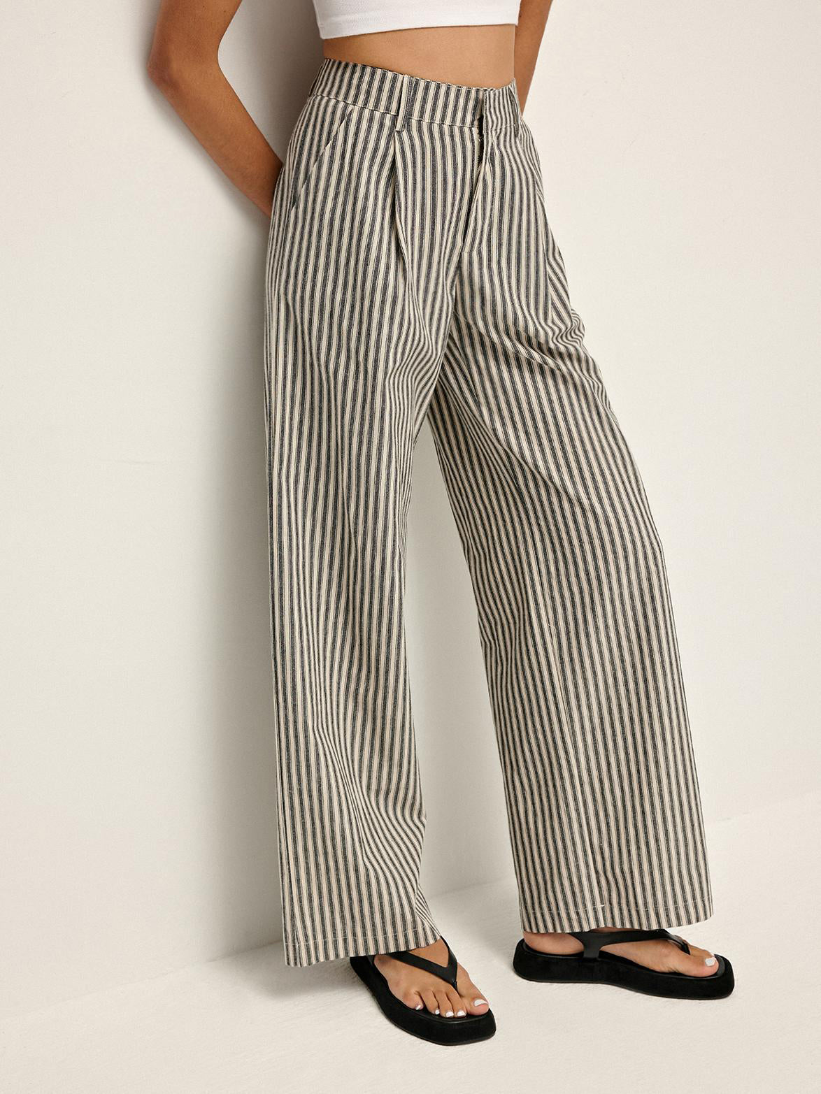 Pinstripe High-Waist Long Pants Shine Aura