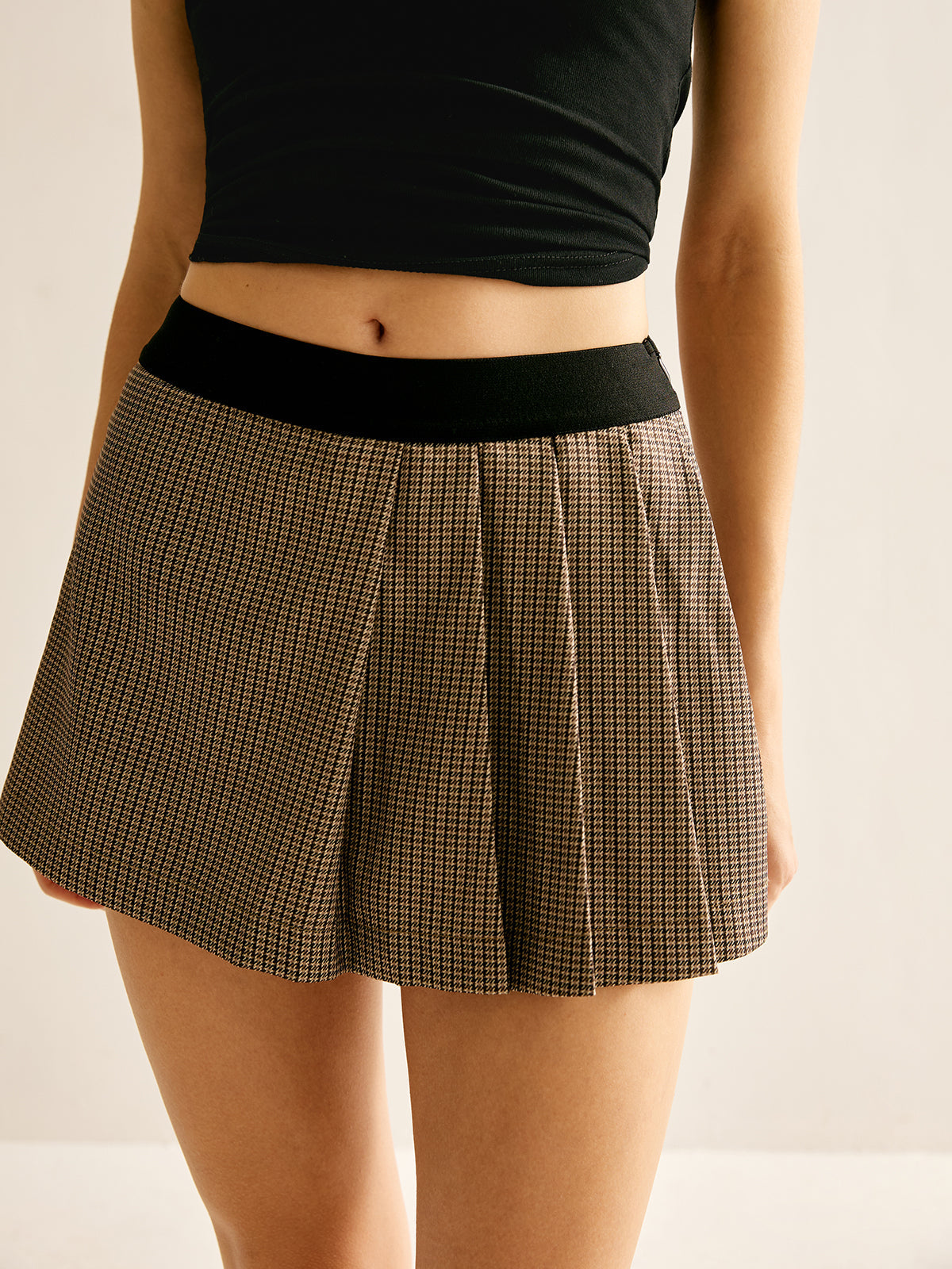 Patchwork Plaid Pleated Shorts Shine Aura