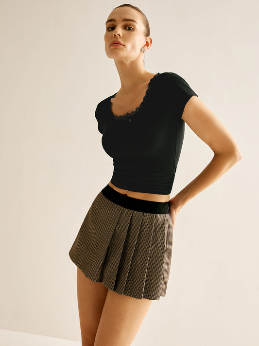 Patchwork Plaid Pleated Shorts Shine Aura