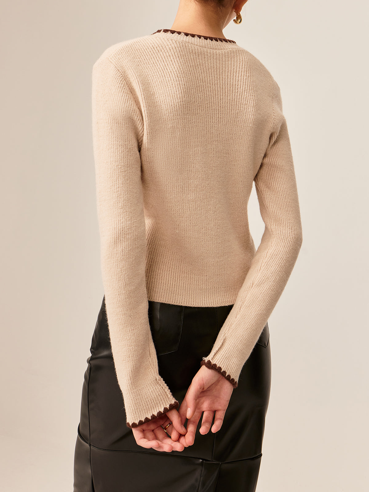 Contrast Embroidered Trim Knit Top Shine Aura