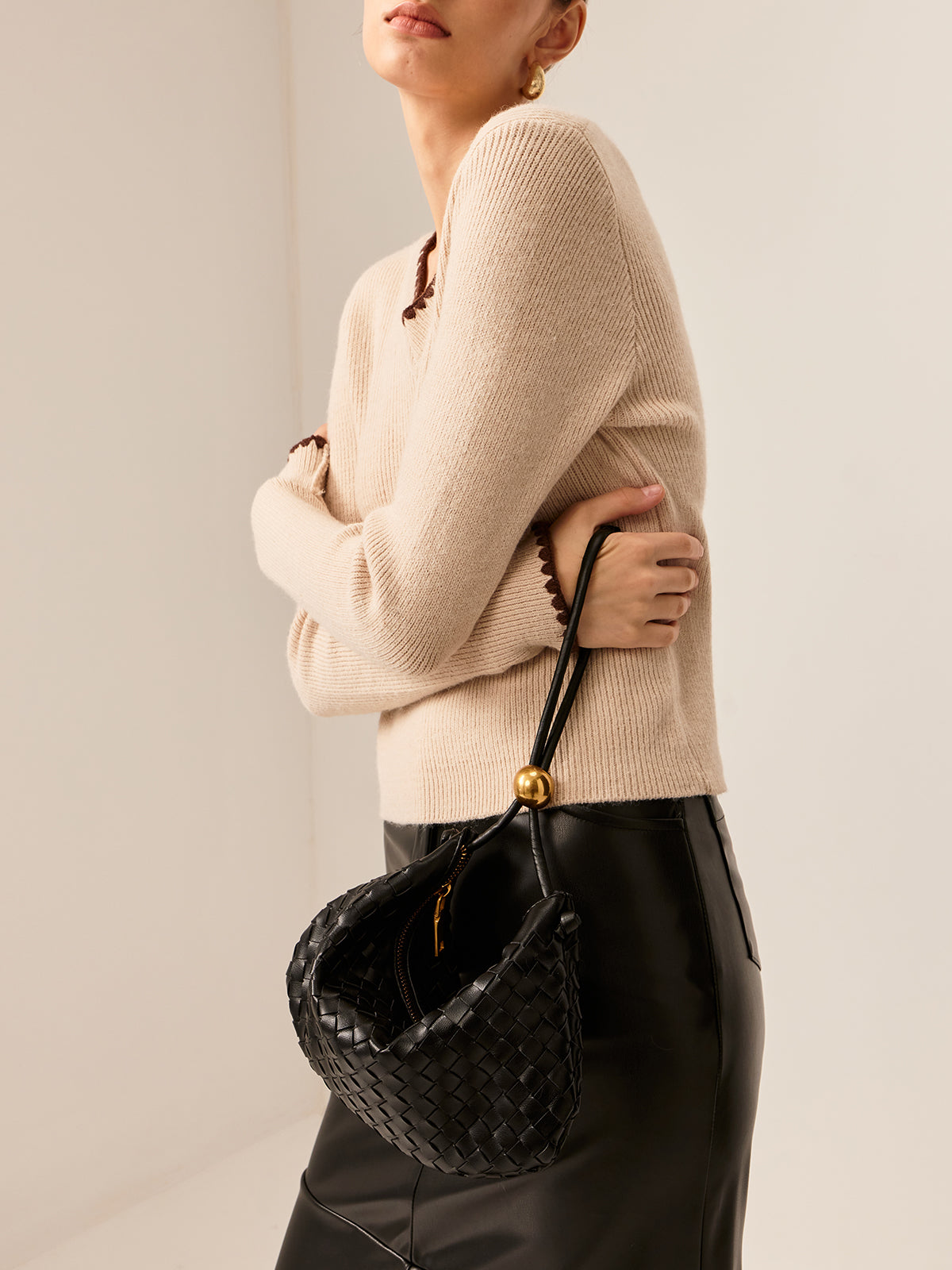 Contrast Embroidered Trim Knit Top Shine Aura
