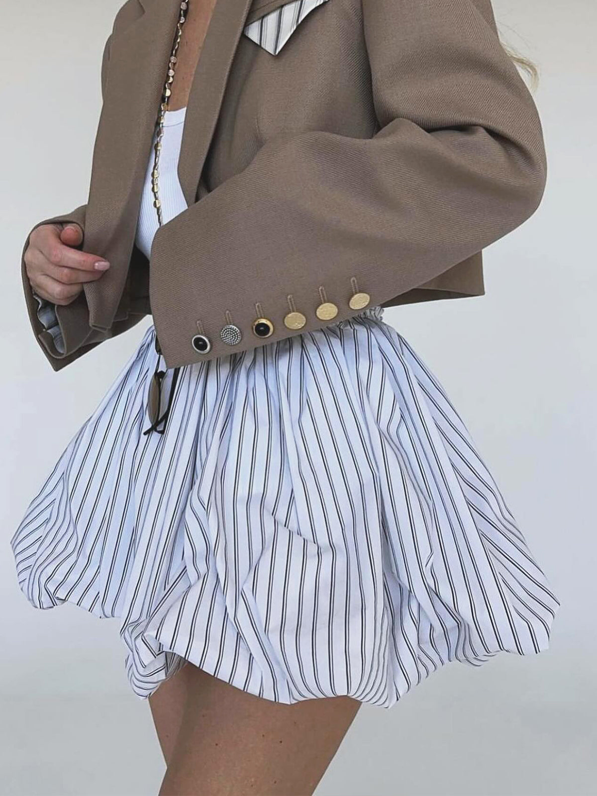 Pinstripe Elastic Waist Bubble Skirt Shine Aura