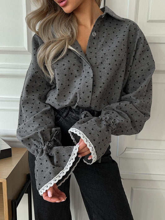 Women Heart Print Button Down Shirt Shine Aura