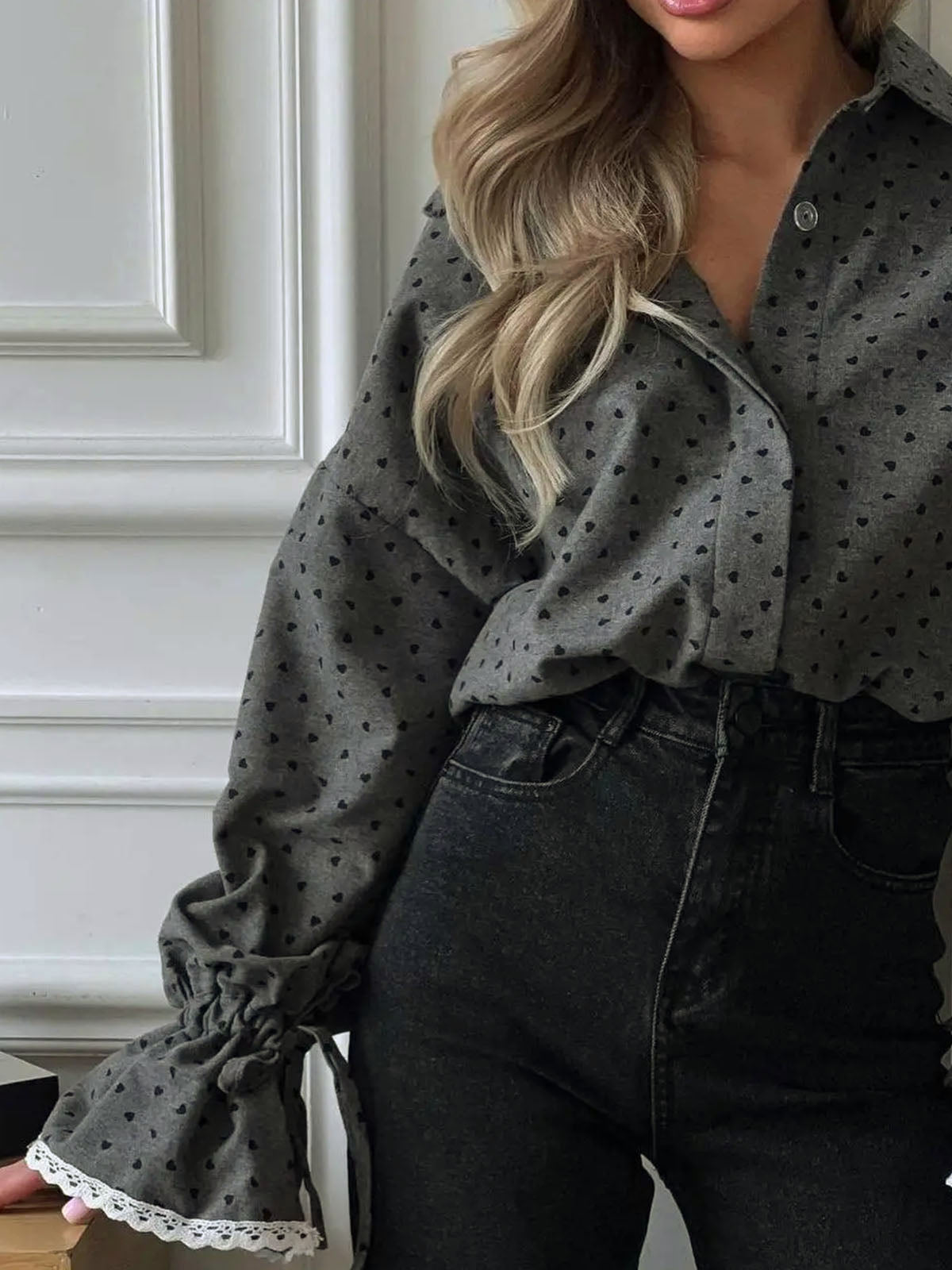 Women Heart Print Button Down Shirt Shine Aura