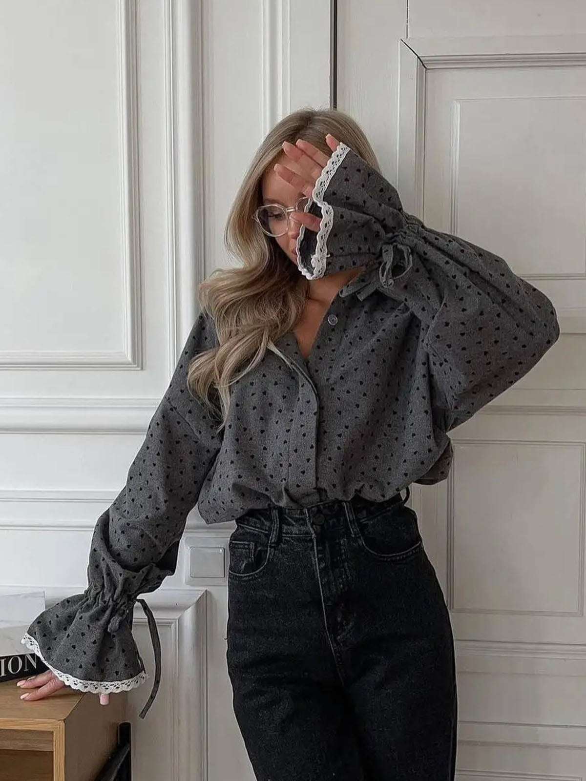 Women Heart Print Button Down Shirt Shine Aura
