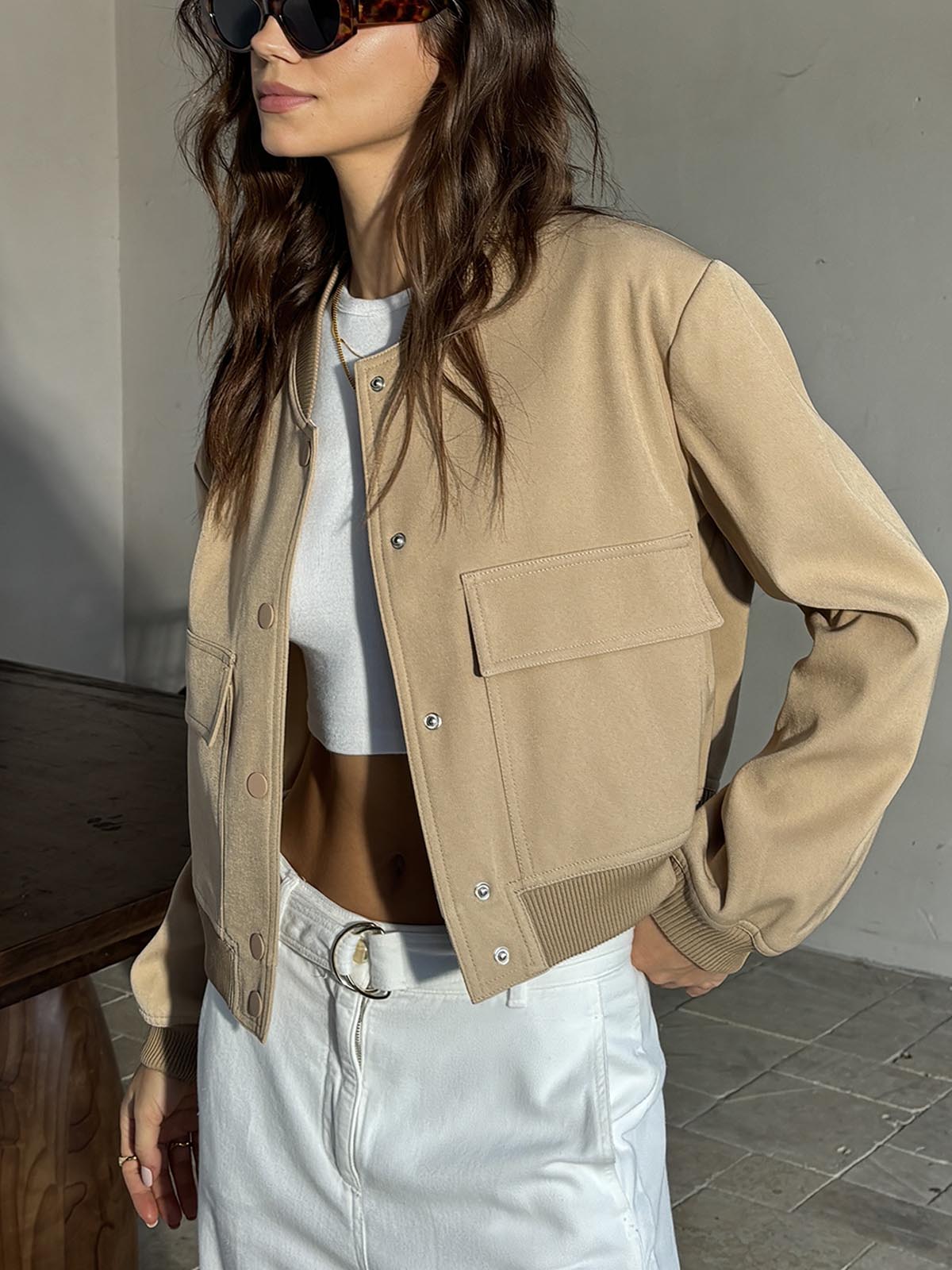 Round Neck Pockets Jacket Shine Aura
