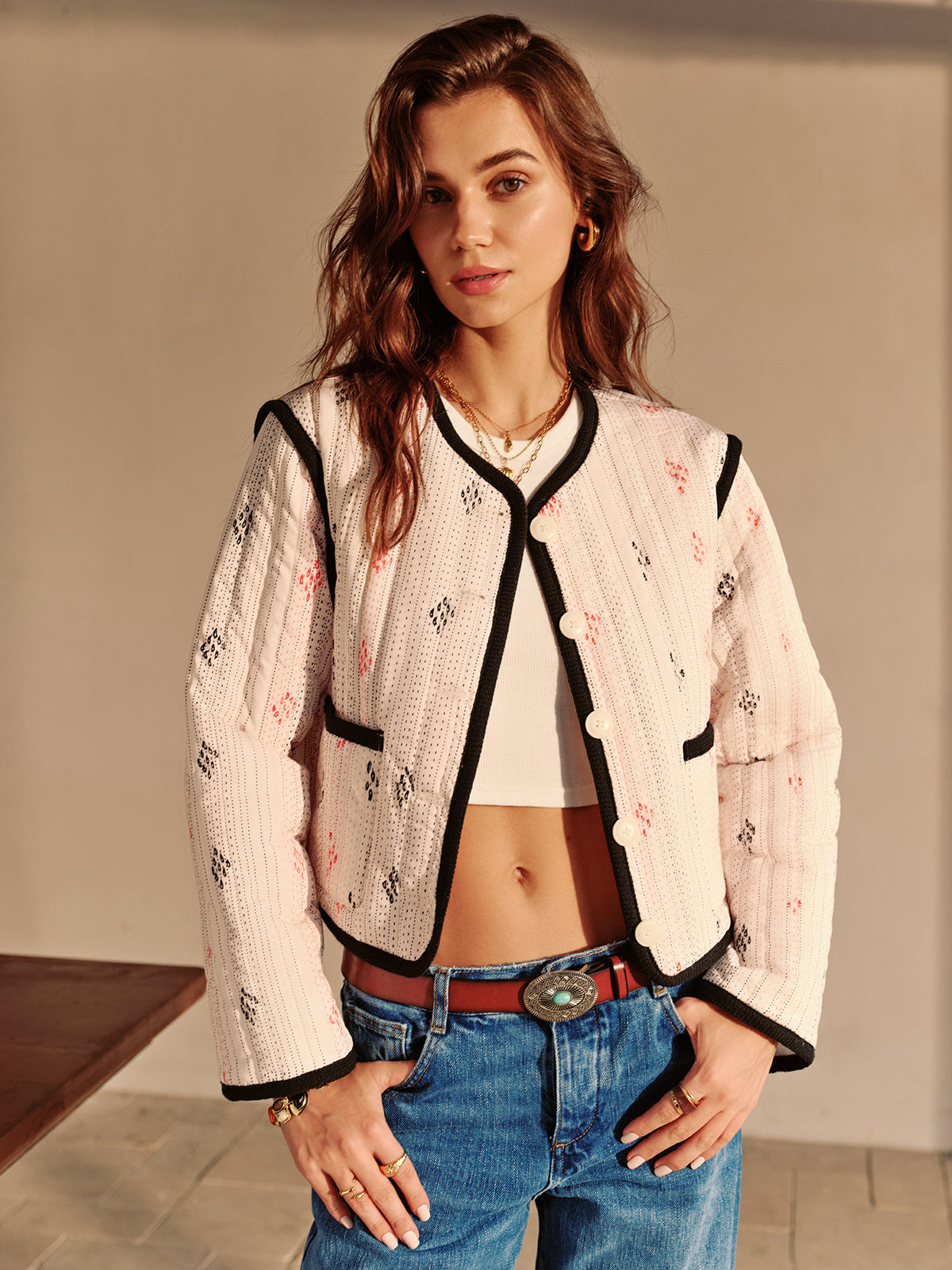 Boheme Kontrast Dikişli Kısa Ceket Shine Aura