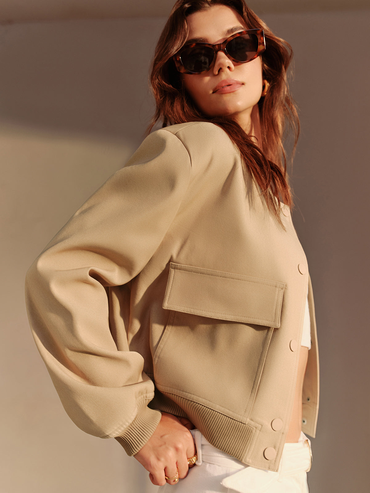 Round Neck Pockets Jacket Shine Aura