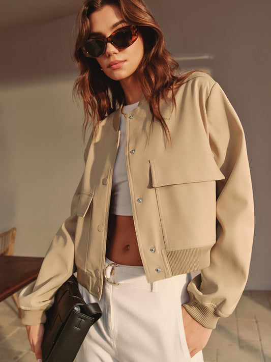 Round Neck Pockets Jacket Shine Aura