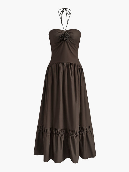 Cotton Panel Pleated Halter Dress Shine Aura