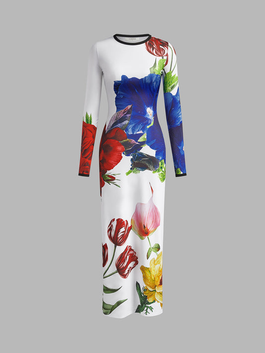 Round Neck Floral Patterned Jersey Dress 