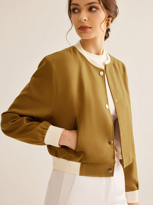 Round Neck Contrast Edge Buttoned Jacket 