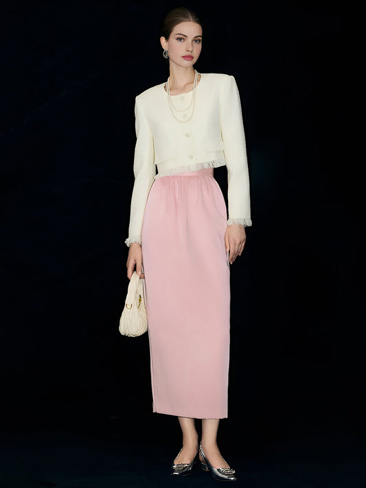 Satin Plain Pockets Midi Skirt Shine Aura