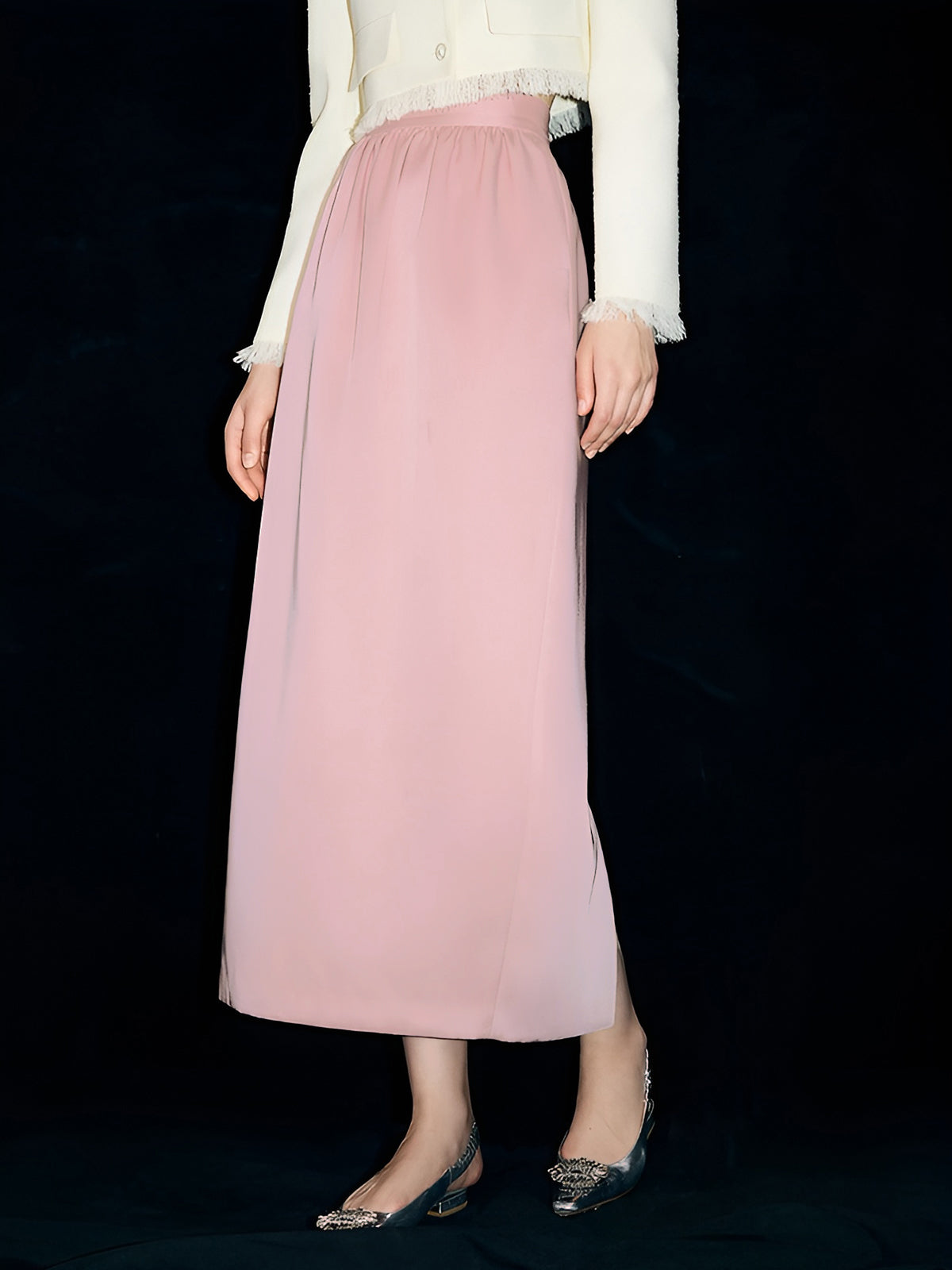 Satin Plain Pockets Midi Skirt Shine Aura