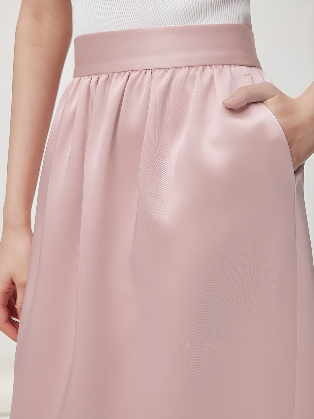 Satin Plain Pockets Midi Skirt Shine Aura
