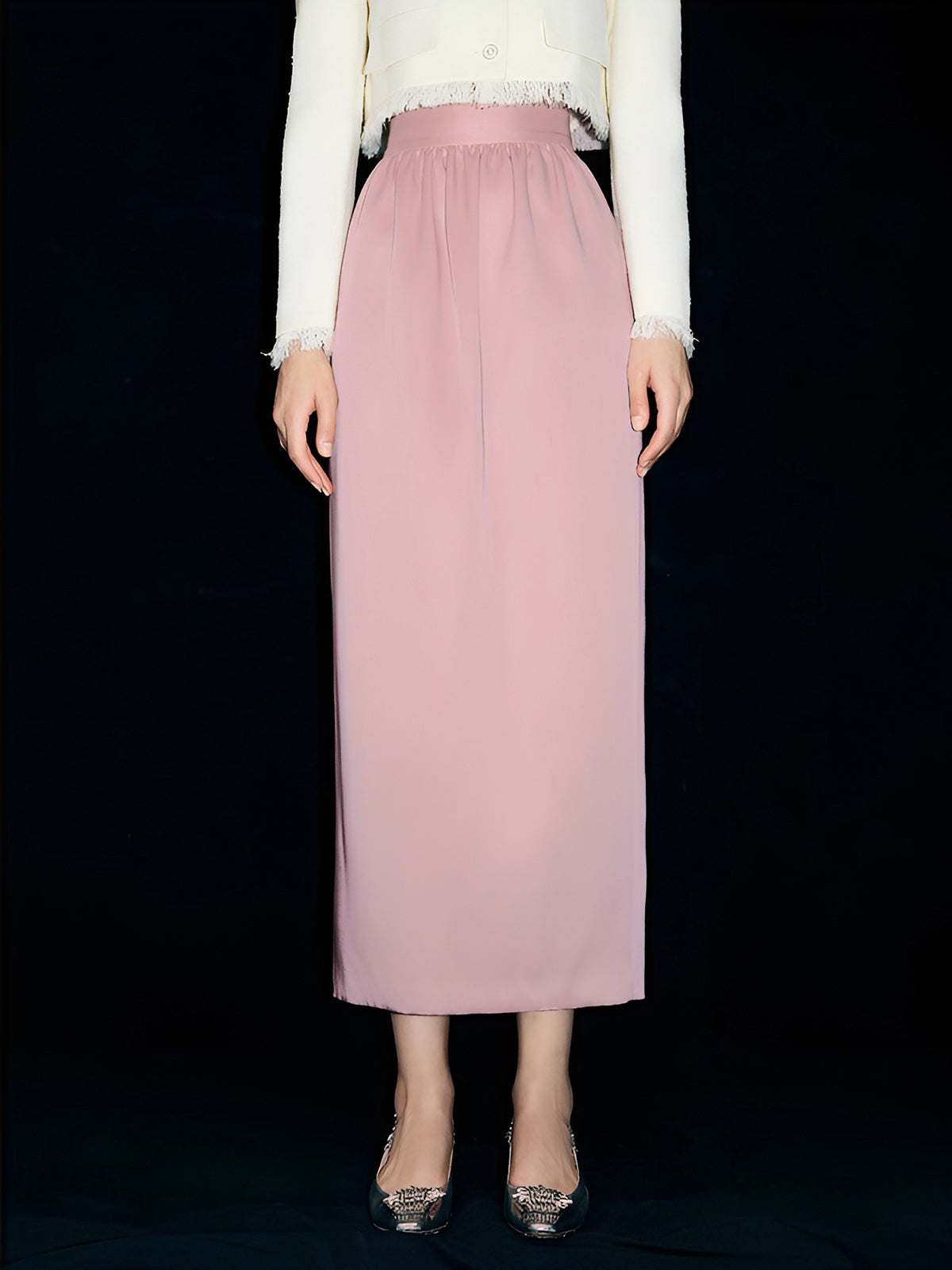 Satin Plain Pockets Midi Skirt Shine Aura