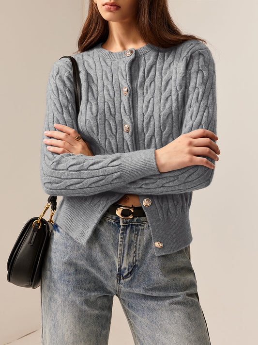 Round Neck Buttoned Cable Knit Cardigan 