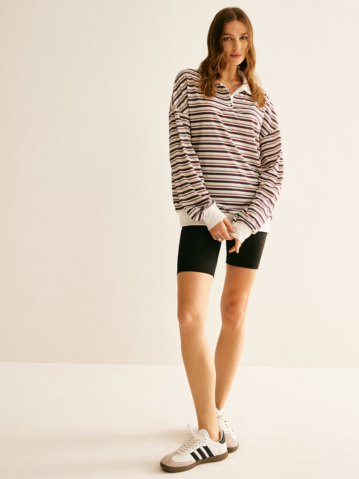 Kontrast Dikişli Çizgili Polo Sweatshirt Shine Aura
