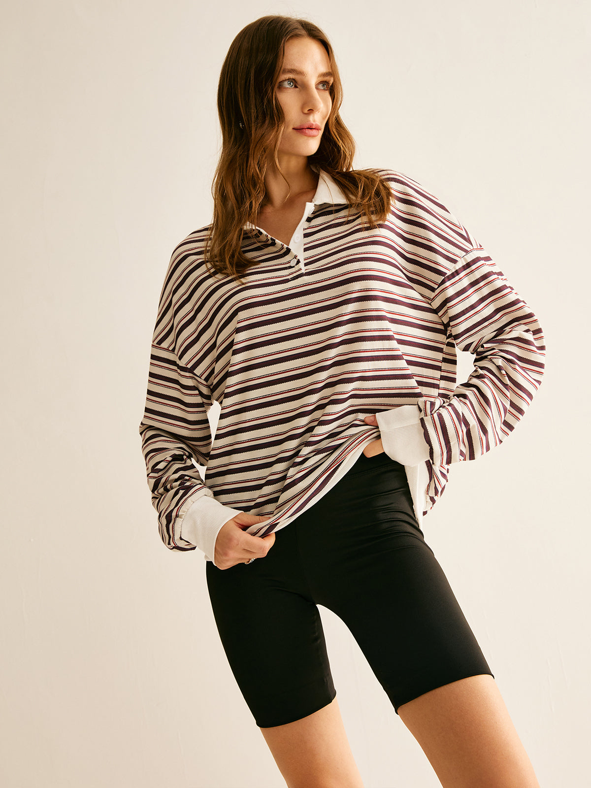 Kontrast Dikişli Çizgili Polo Sweatshirt Shine Aura