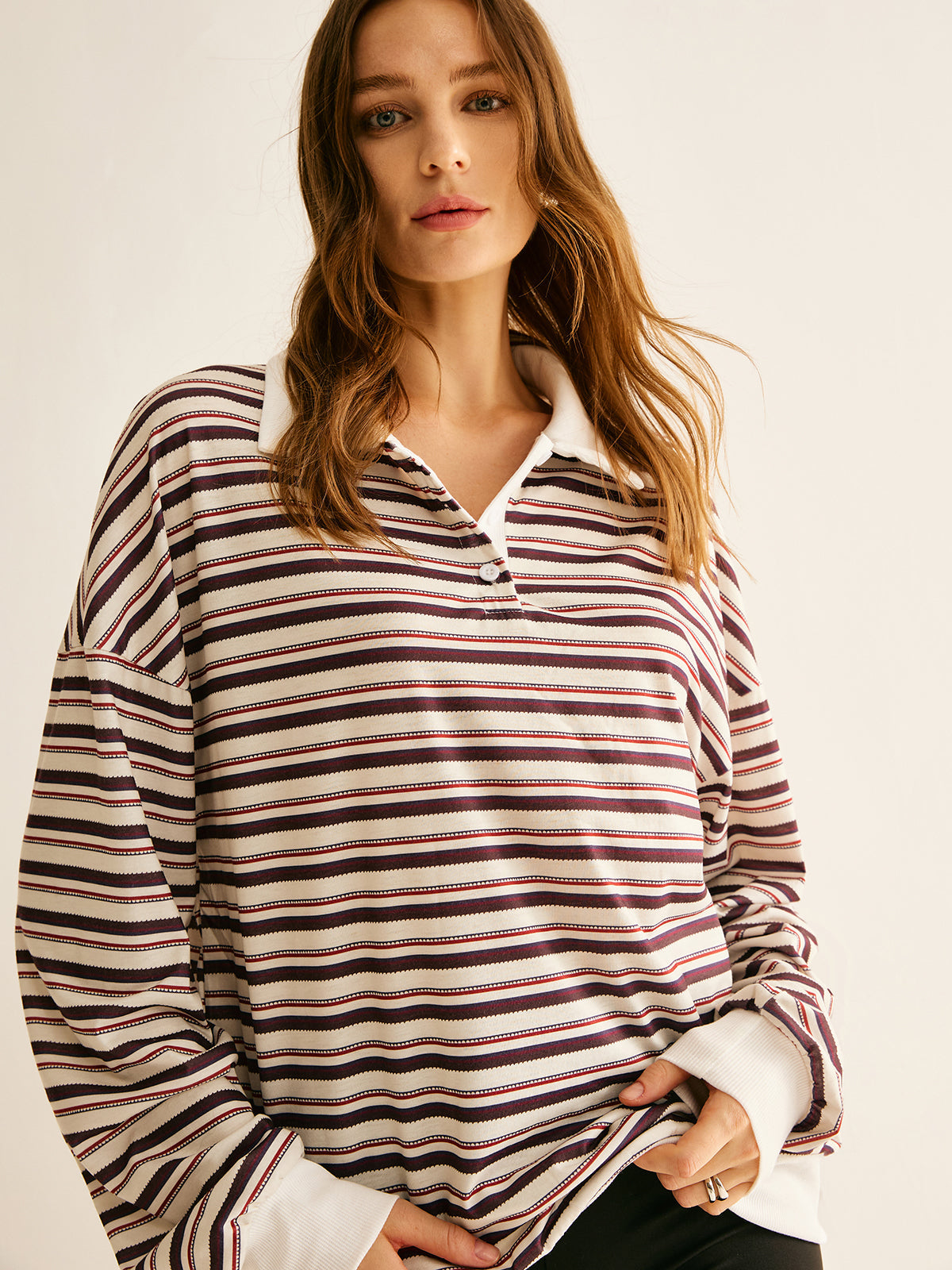 Kontrast Dikişli Çizgili Polo Sweatshirt Shine Aura